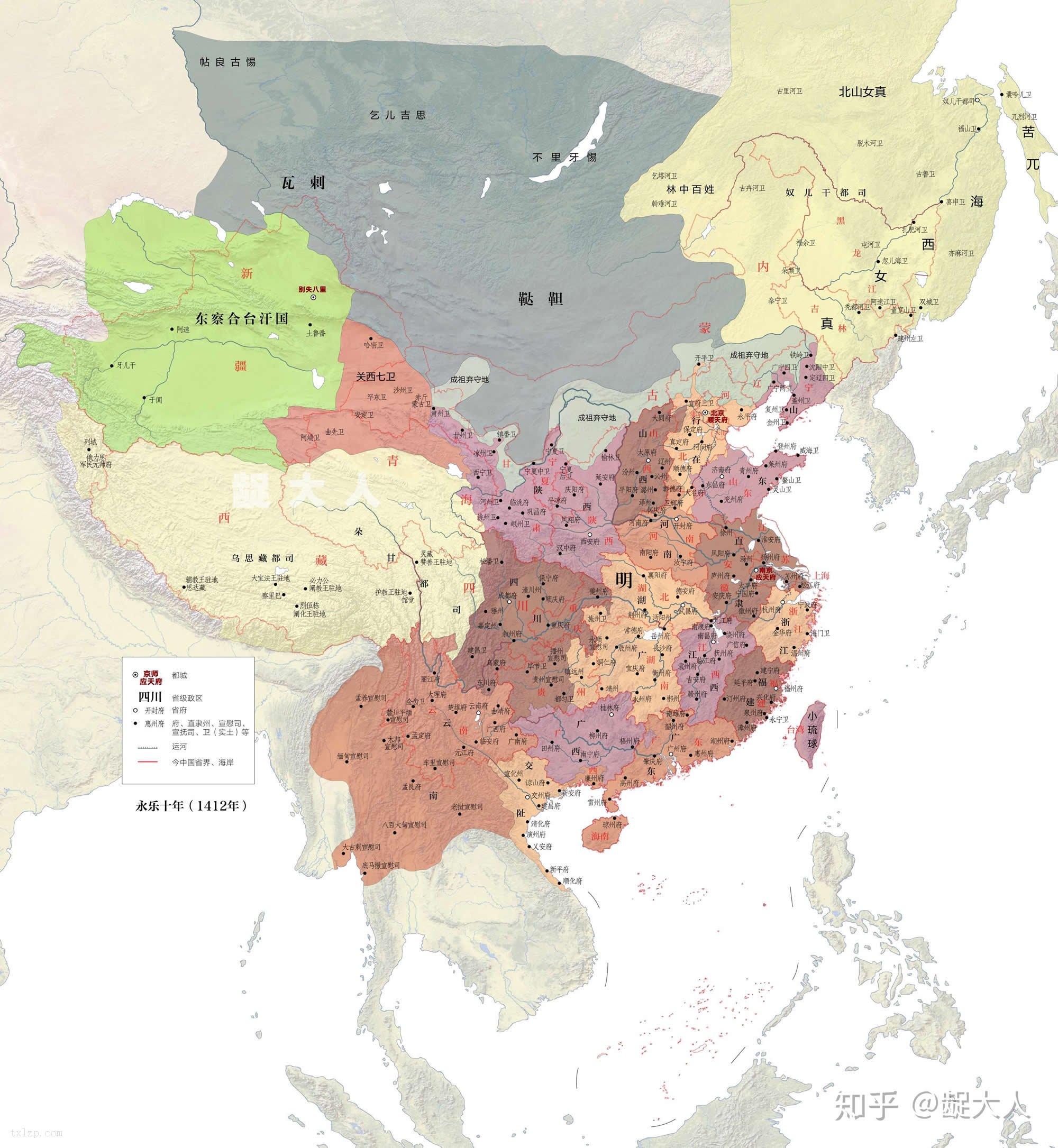 明朝的中国地图，大明九边万国人迹路程全图